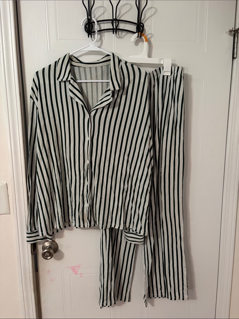 Striped Button-Up Top and Matching Pants Set - Green on White